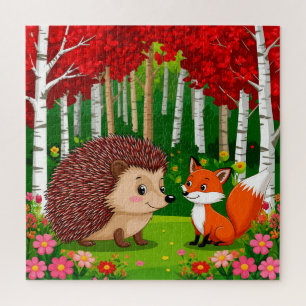 Schattig egeltje en vos in een helder bos legpuzzel