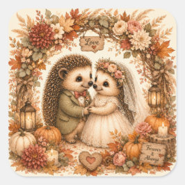 Schattig Egeltje Herfst Bruidspaar Onder Bloemboog Vierkante Sticker