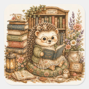 Schattig Egeltje Leest Boek In Bibliotheek Cottage Vierkante Sticker