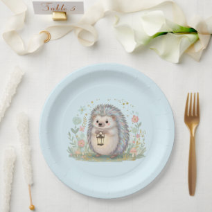 Schattig egeltje met lantaarn papieren bordje