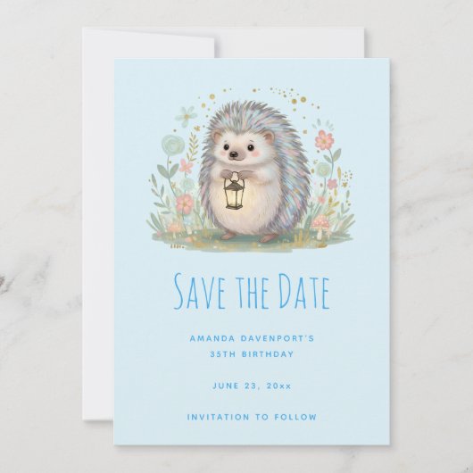 Schattig egeltje met lantaarn Save The Date (Voorkant)