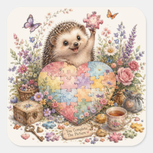 Schattig Egeltje Puzzel Hart Watercolor Kunst Vierkante Sticker