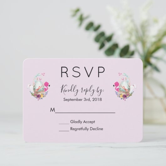 Schattig Ei in een Mand met Flamingo en Bunny RSVP (Staand voorkant)