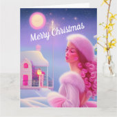 Schattig Elegant Roze Meisjesachtig Vrolijk Kerstm Kaart (Gele Bloem)