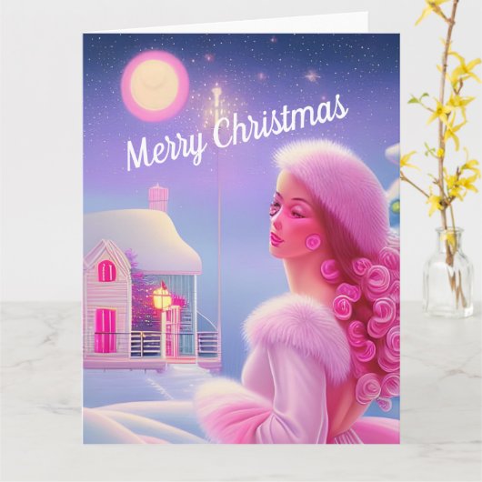 Schattig Elegant Roze Meisjesachtig Vrolijk Kerstm Kaart (Gele Bloem)