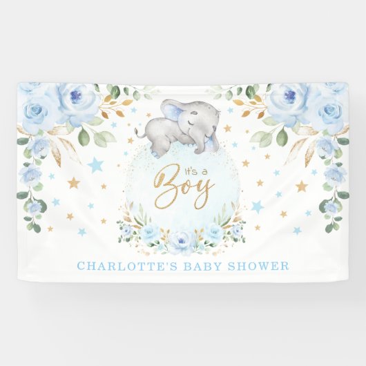 Schattig Elephant Blue Floral Boy Baby shower Spandoek (Horizontaal)