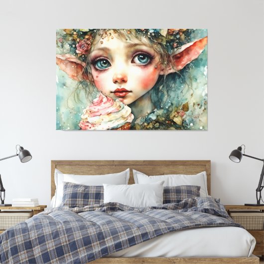 Schattig Elf Met Een Cupcake Canvas Afdruk (Insitu (Slaapkamer))