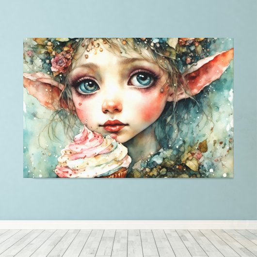 Schattig Elf Met Een Cupcake Canvas Afdruk (Insitu (Houten vloer))