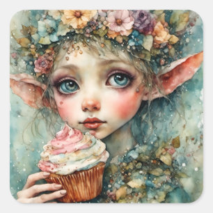 Schattig Elf Met Een Cupcake Vierkante Sticker