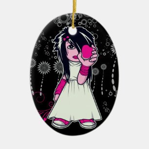 schattig emo-meisje dat hart vasthoudt vector kuns keramisch ornament