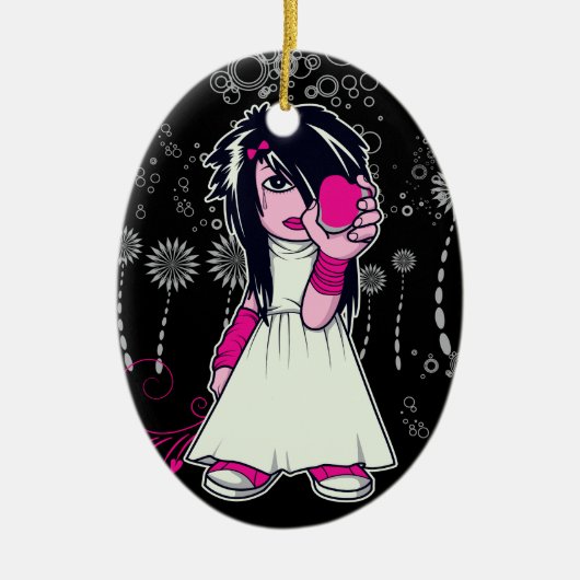 schattig emo-meisje dat hart vasthoudt vector kuns keramisch ornament (Voorkant)