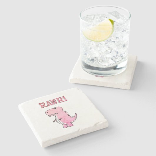  schattig en boos roze Cartoon t-rex dinosaurus Stenen Onderzetter (Zijkant)