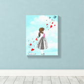 Schattig en Schattig klein meisje met hart vogelko Canvas Afdruk (Insitu (Houten vloer))