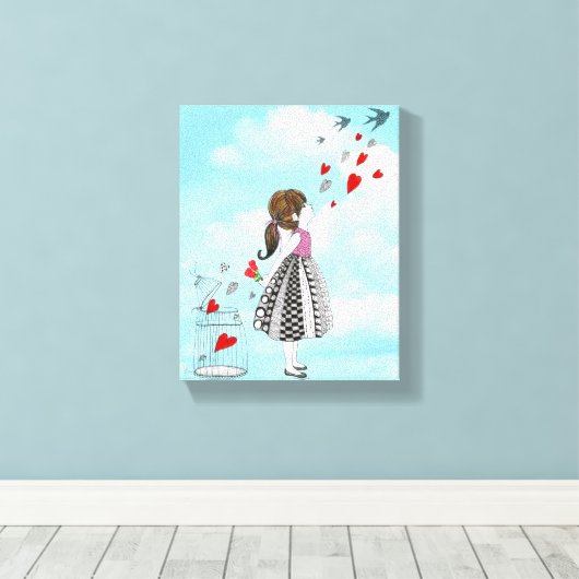 Schattig en Schattig klein meisje met hart vogelko Canvas Afdruk (Insitu (Houten vloer))