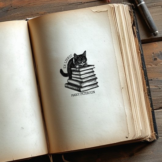 Schattig Ex Libris Kat, Antiek Bibliotheekboek Rubberstempel