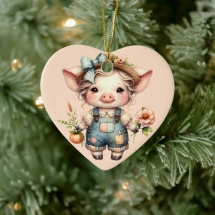 Schattig Farmcore Varken in Overall met Bloemen Keramisch Ornament