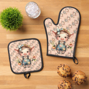 Schattig Farmcore Varken in Overall met Bloemen Ovenwant & Pannenlap Set