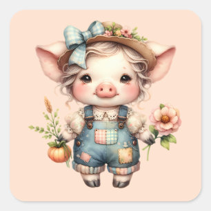 Schattig Farmcore Varken in Overall met Bloemen Vierkante Sticker
