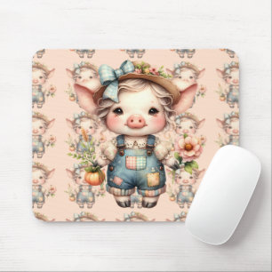 Schattig Farmcore Varkentje in Overall met Bloemen Muismat