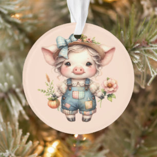 Schattig Farmcore Varkentje in Overall met Bloemen Ornament
