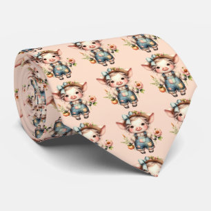 Schattig Farmcore Varkentje in Overall met Bloemen Stropdas