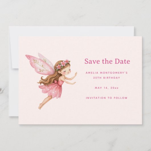 Schattig fee meisje in roze jurk save the date (Voorkant)