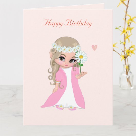 Schattig fee meisje op lichtroze verjaardagskaart kaart (Gele Bloem)