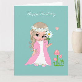 Schattig feeëmeisje met bloem op lichtblauwe verja kaart