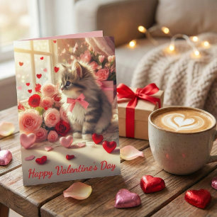 Schattig Fluffig Kittens met Rozen Valentijnsdag Kaart