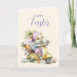 Schattig Fluffy Konijn op een Scooter Gelukkig Pas Feestdagen Kaart