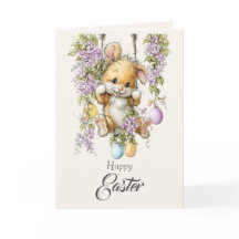 Schattig Fluffy Konijn Watercolor Pasen Kaart Roze