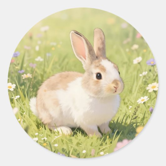 Schattig Fluffy Konijn Wilde Bloemenweide Ronde Sticker (Voorkant)
