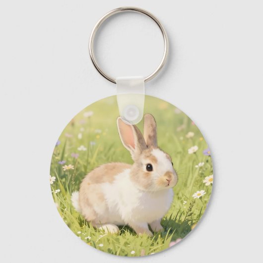 Schattig Fluffy Konijn Wilde Bloemenweide Sleutelhanger (Voorkant)