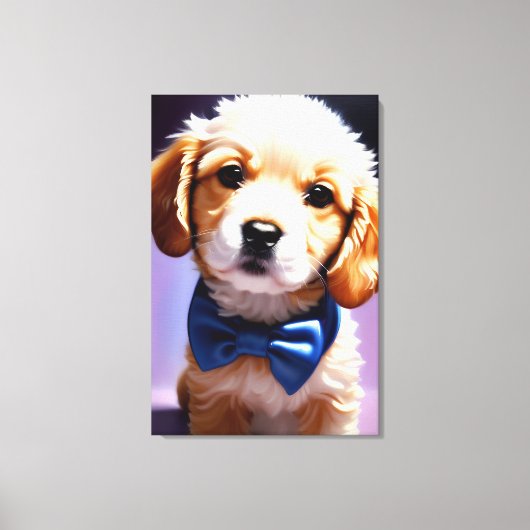 Schattig Fluffy Puppy met Cute Blue Bow Stropdas P Canvas Afdruk (Voorkant)
