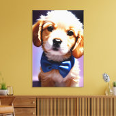 Schattig Fluffy Puppy met Cute Blue Bow Stropdas P Canvas Afdruk (Insitu (Woonkamer))