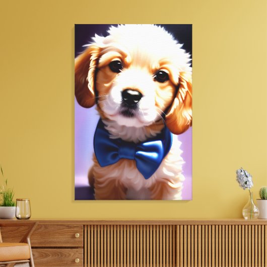 Schattig Fluffy Puppy met Cute Blue Bow Stropdas P Canvas Afdruk (Insitu (Woonkamer))