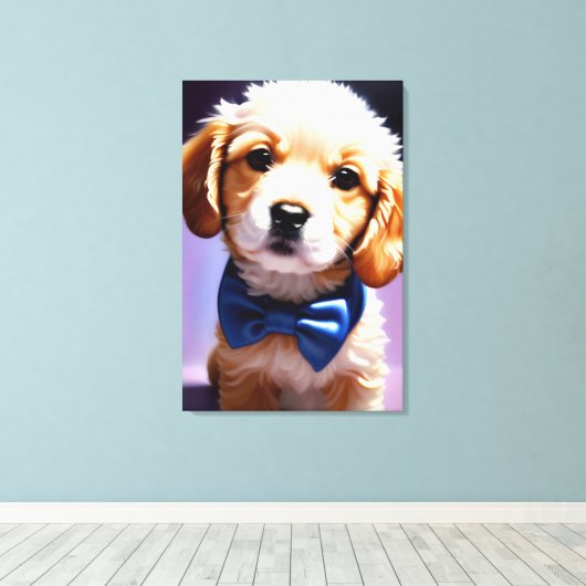 Schattig Fluffy Puppy met Cute Blue Bow Stropdas P Canvas Afdruk (Insitu (Houten vloer))