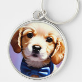 Schattig Fluffy Puppy met Cute Blue Bow Stropdas P Sleutelhanger (Voorkant)