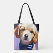 Schattig Fluffy Puppy met Cute Blue Bow Stropdas P Tote Bag (Achterkant)