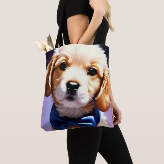 Schattig Fluffy Puppy met Cute Blue Bow Stropdas P Tote Bag (Dichtbij)