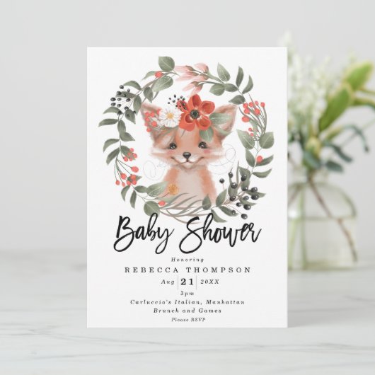 schattig fox boho floral modern baby shower kaart (Staand voorkant)