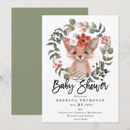 schattig fox boho floral modern baby shower kaart (Voorkant / Achterkant)