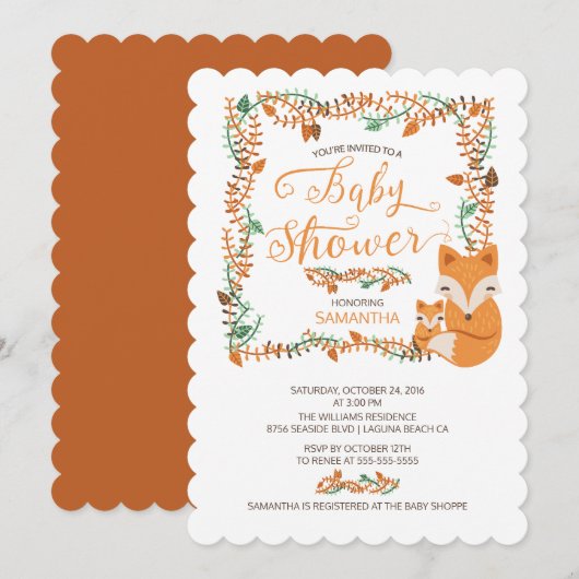 Schattig Fox Woodland Baby shower Invitation Kaart (Voorkant / Achterkant)