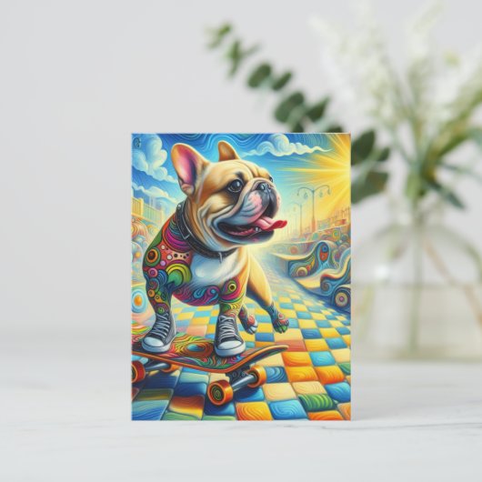 Schattig Frans Bulldog Skateboarden Kleurrijk Briefkaart (Staand voorkant)