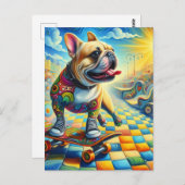 Schattig Frans Bulldog Skateboarden Kleurrijk Briefkaart (Voorkant / Achterkant)