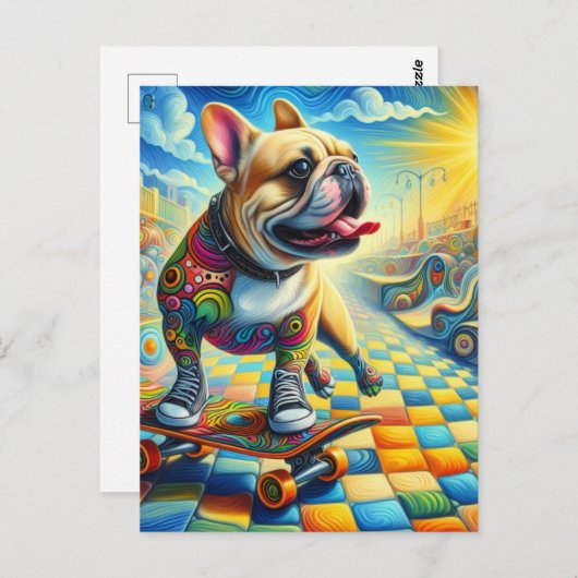 Schattig Frans Bulldog Skateboarden Kleurrijk Briefkaart (Voorkant / Achterkant)