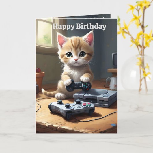 Schattig Gaming Kitten, Verjaardag Kaart (Gele Bloem)