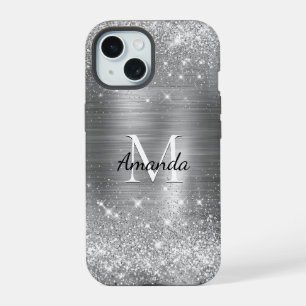 Schattig geborsteld metalen zilveren nepschitteren iPhone 15 case
