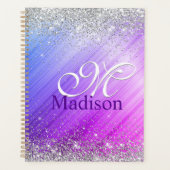 Schattig geborsteld paars nepsil glitter monogram planner (Voorkant)