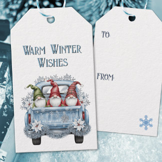 Schattig Gedecoreerde Vintage Blauwe Truck Winter Cadeaulabel